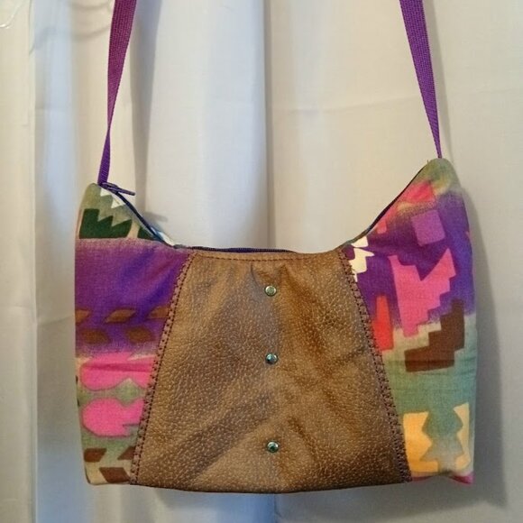 New Southwestern Faux leather Shoulder Bag Purse Brown Purple Crescent Baguette - Picture 2 of 8